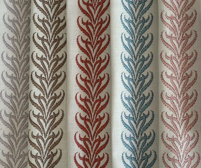 LORCAN my playful, leafy stripe inspired by 18th Century Indian Chintz.

Available in the 6 colourways - Violet, Camel, Raspberry Beret, Dusty Turquoise, Blush and Ochre

Samples can be ordered direct online at cinny.co.uk or email info@cinny.co.uk